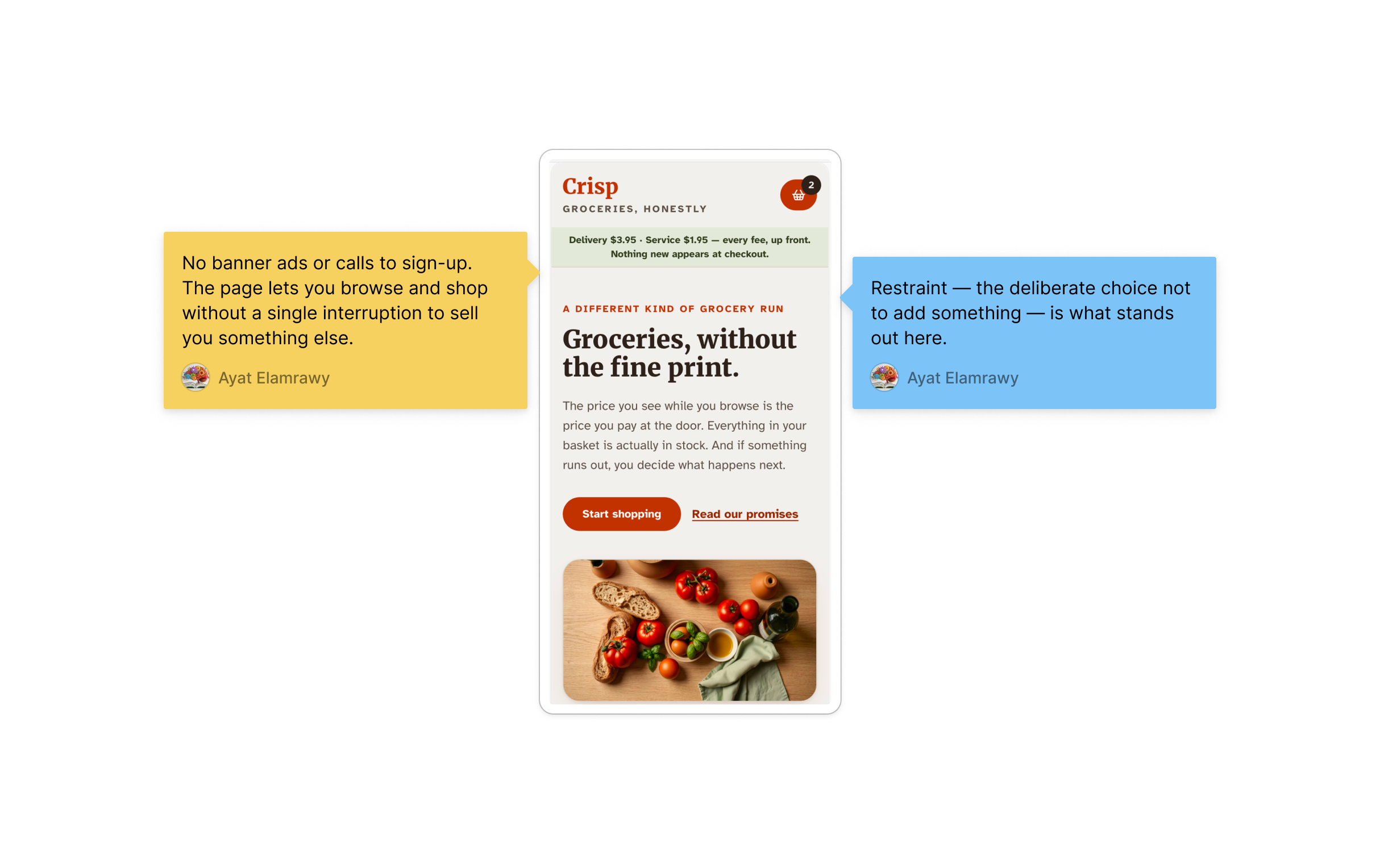 Crisp header and hero section with no popups, banners, or signup prompts visible, annotated with a sticky note pointing out the absence of interruptions.