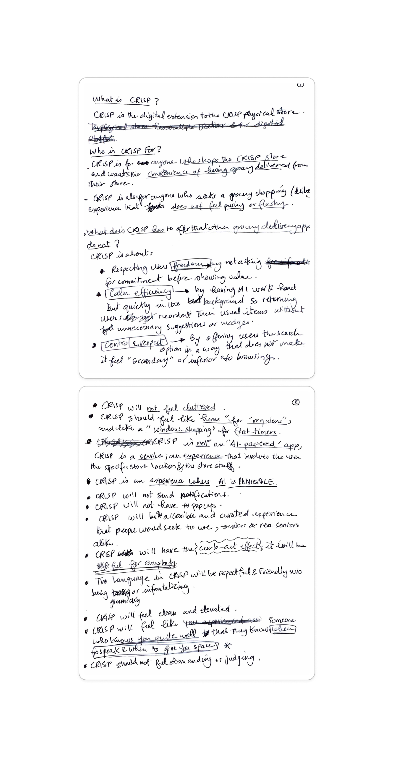Early handwritten CRISP concept notes outlining the grocery ordering experience's purpose, features, and benefits.