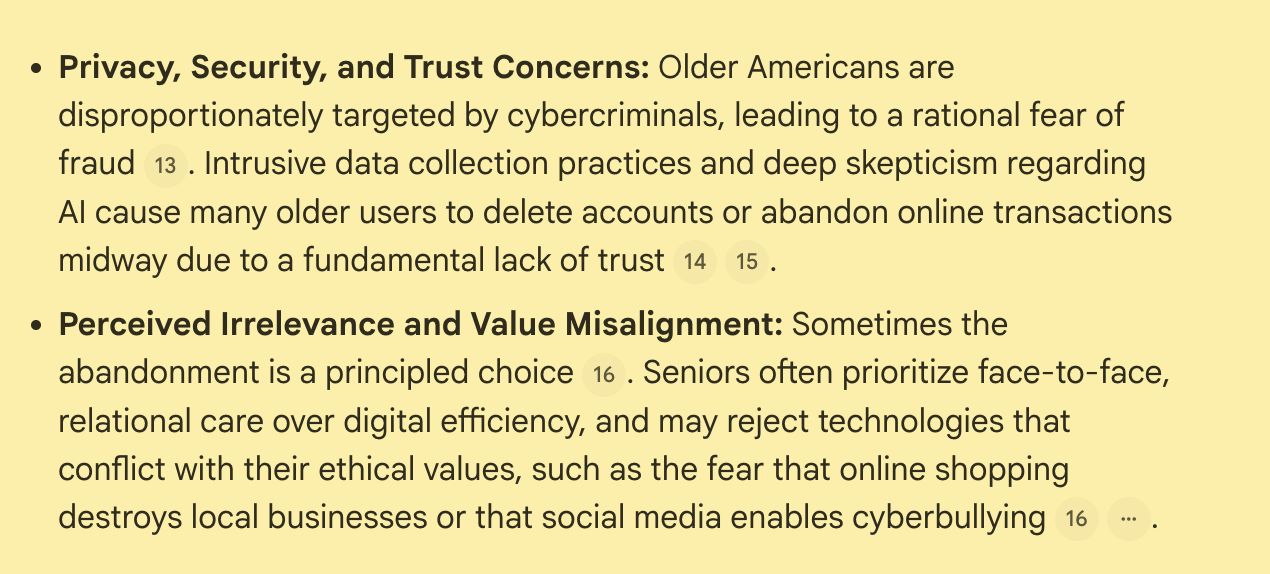 A digital artifact labeled 'Artifact 2.2' showing research findings focused on trust and values, highlighting concerns over digital fraud, data privacy, and the rejection of technologies that conflict with relational or ethical values.