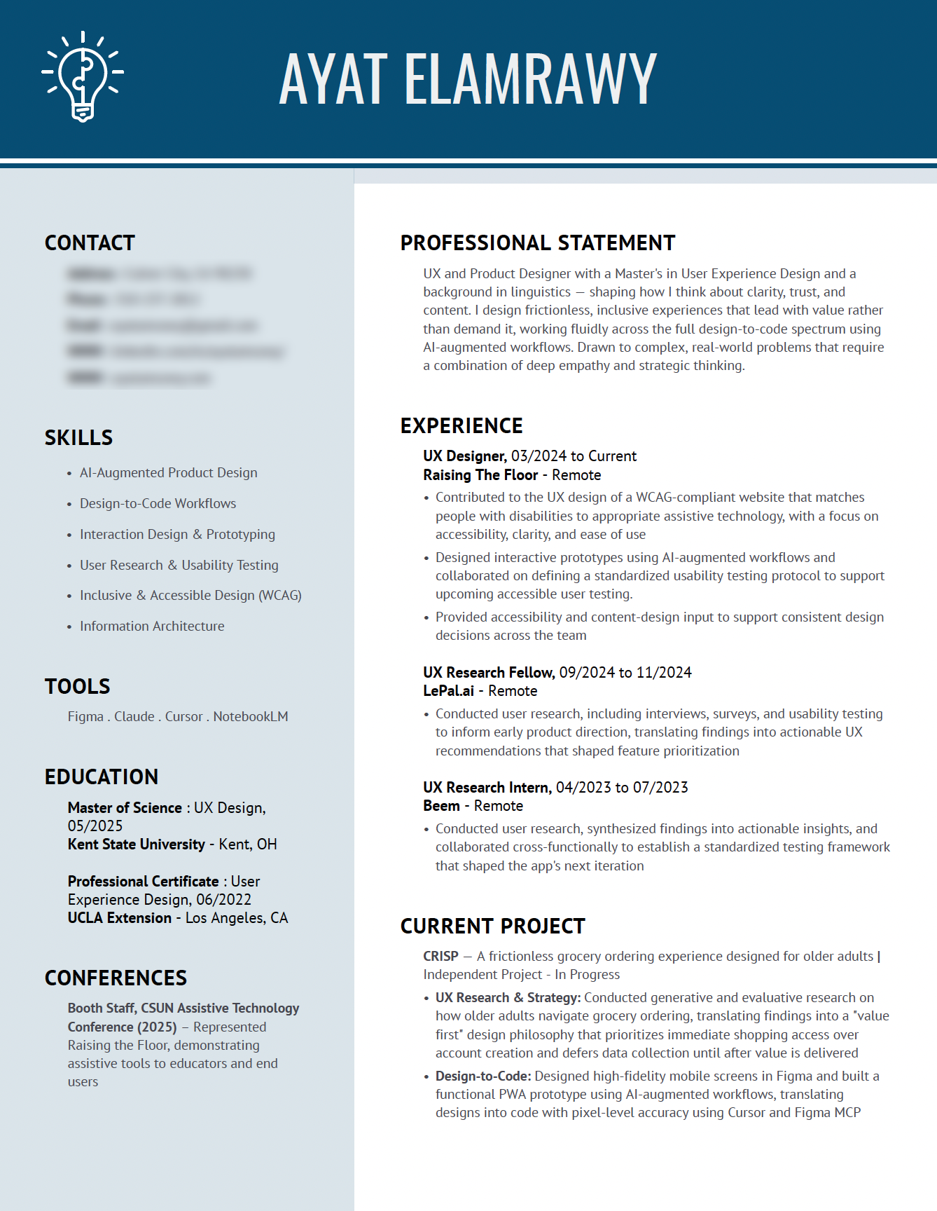 Resume of Ayat Elamrawy, UX and Product Designer. Includes skills, experience, education, and current projects. Contact information is intentionally blurred for privacy.