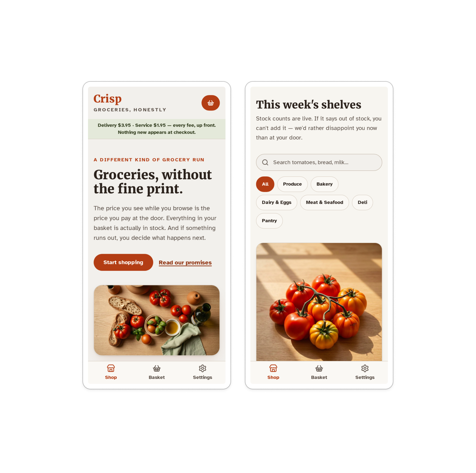 CRISP mobile screens: the shopping home page with fresh produce and a basket-building view, with bottom navigation for Shop, Basket, and Settings.