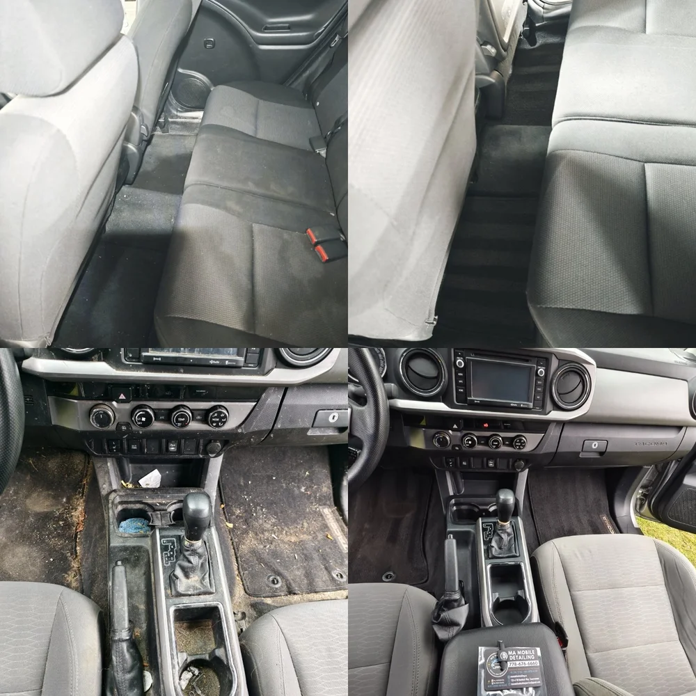 Rear seating and front cabin comparison, before on the left and after on the right