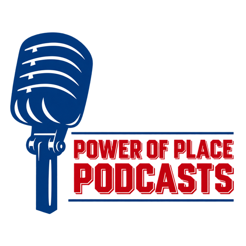 blue microphone with red text that says power of place podcasts
