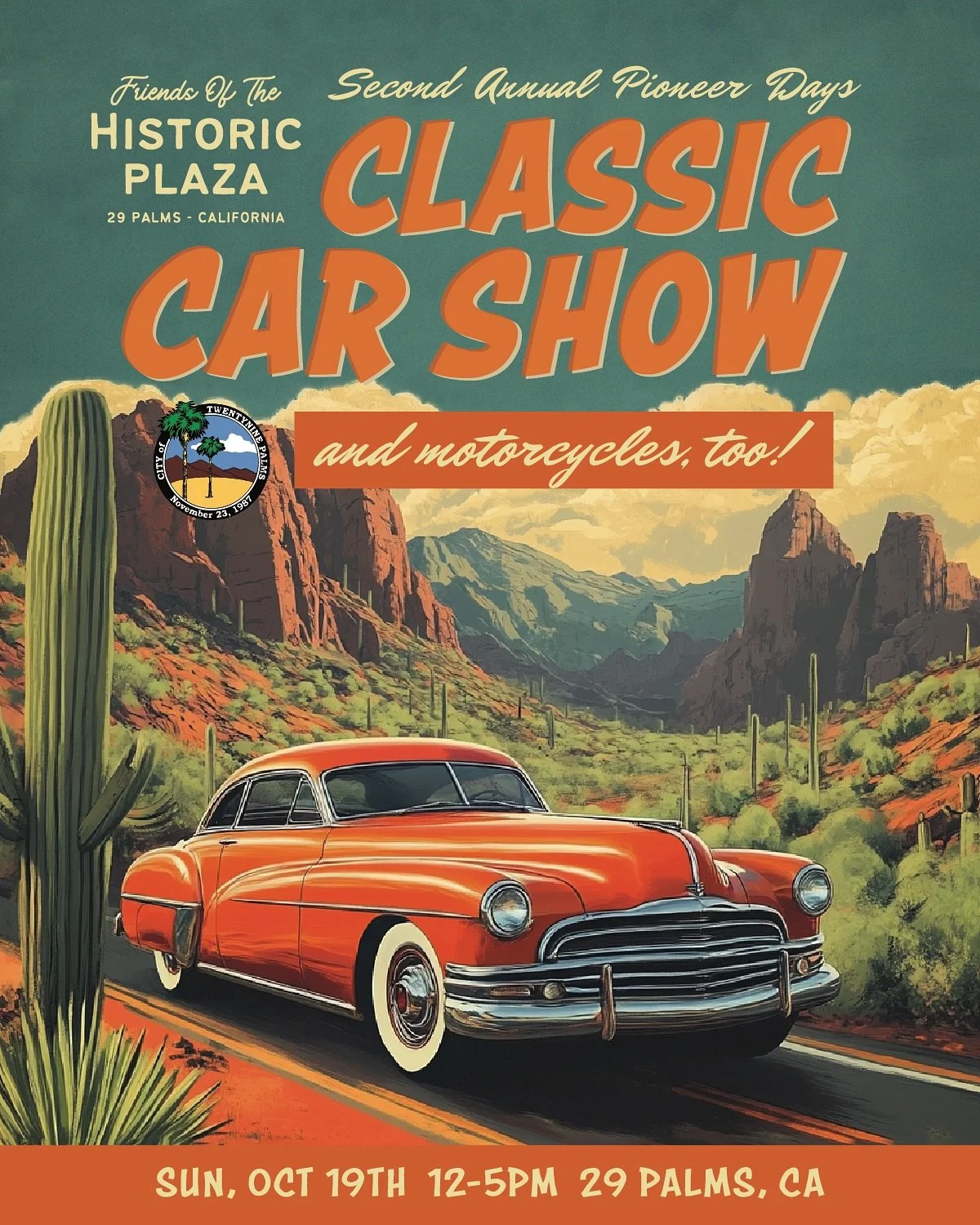 🏁 START YOUR ENGINES!

Join us for the 2nd Annual Classic Car + Motorcycle Show / during the 89th Annual Pioneer Days at The Historic Plaza in 29 Palms! ☀️🌴

Sunday, October 19th
12:00pm-5:00pm
The Historic Plaza, Adobe &amp; 2 Mile Road 📍

Attend