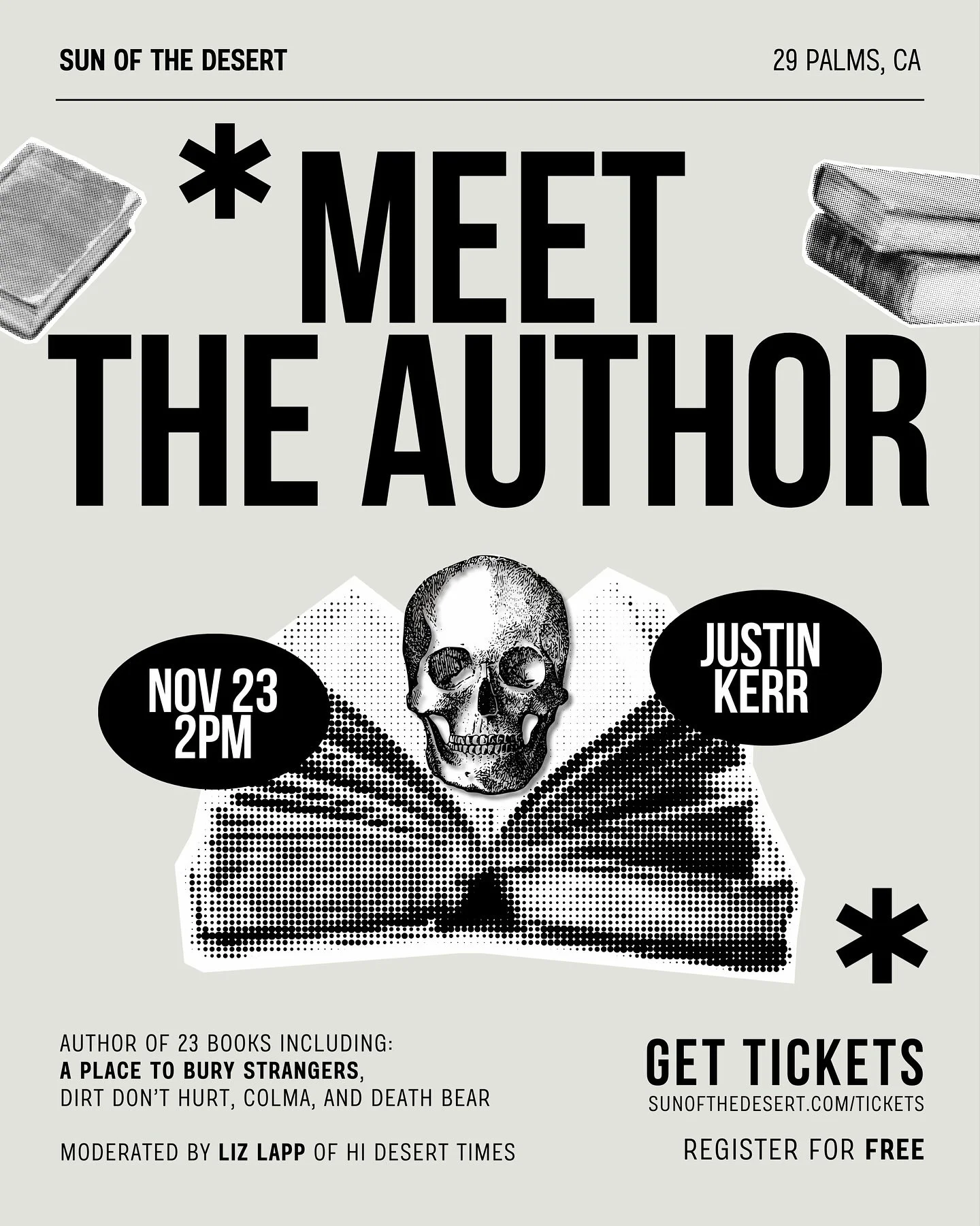 Meet the Author 📖

Join us Sunday, Nov 23 at 2PM at @sunofthedesert_ for an afternoon with Justin Kerr, author of A Place to Bury Strangers, Dirt Don&rsquo;t Hurt, and Death Bear 💀

Enjoy a live reading, Q+A moderated by Liz Lapp of @hideserttimes_