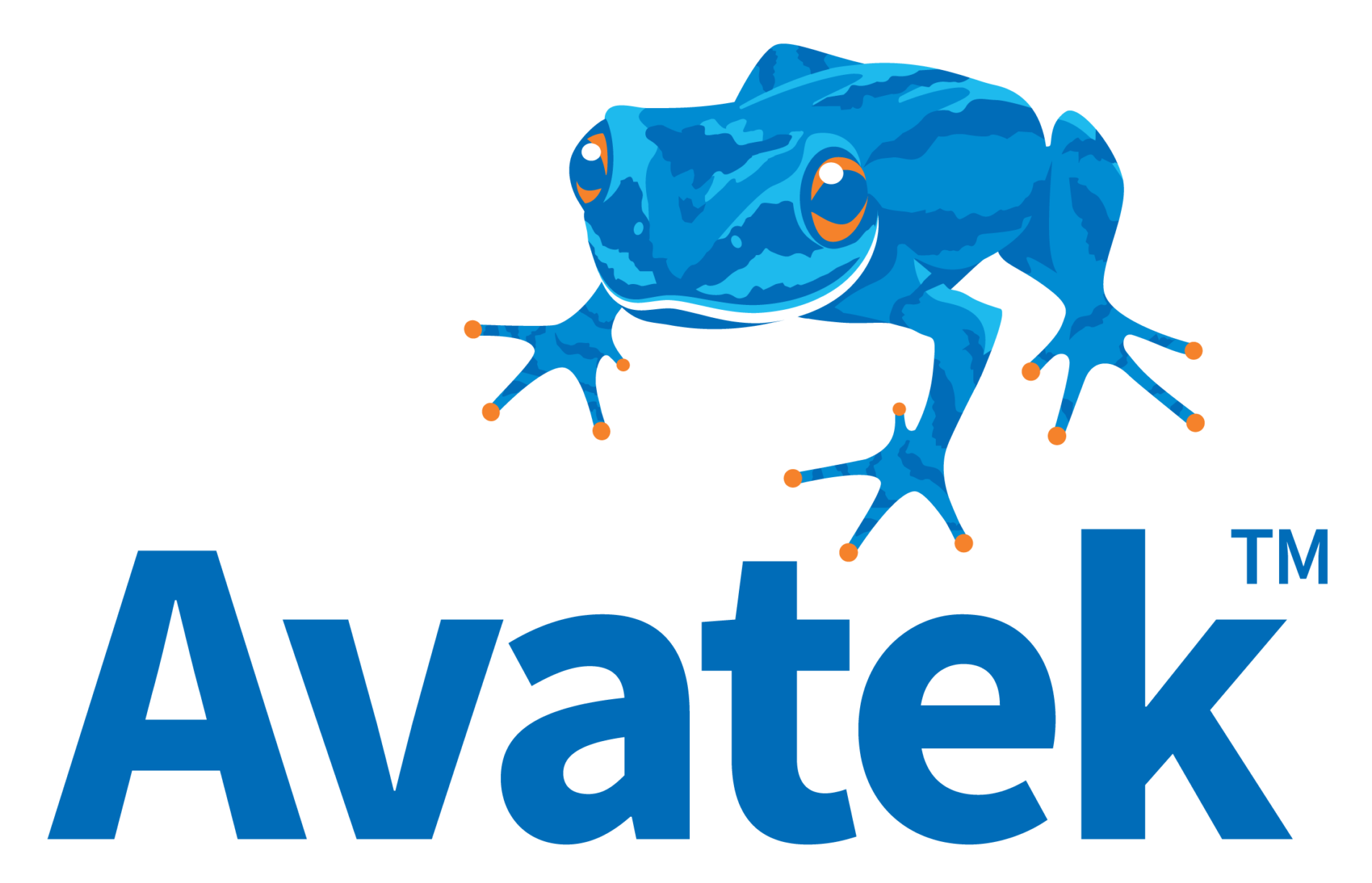 Illustration of a blue poison dart frog sitting on an orange and blue block with a digital circuit background.