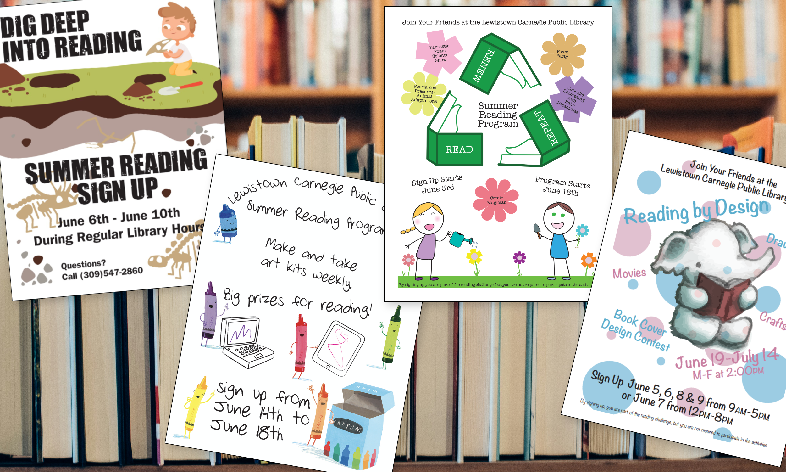 The fliers on this page were developed as part volunteer service for the Lewistown Carnegie Library. The fliers were laid out using Affinity Publisher.
The artwork features was either provided by the State of Illinois’ Summer Reading Initiative, lic