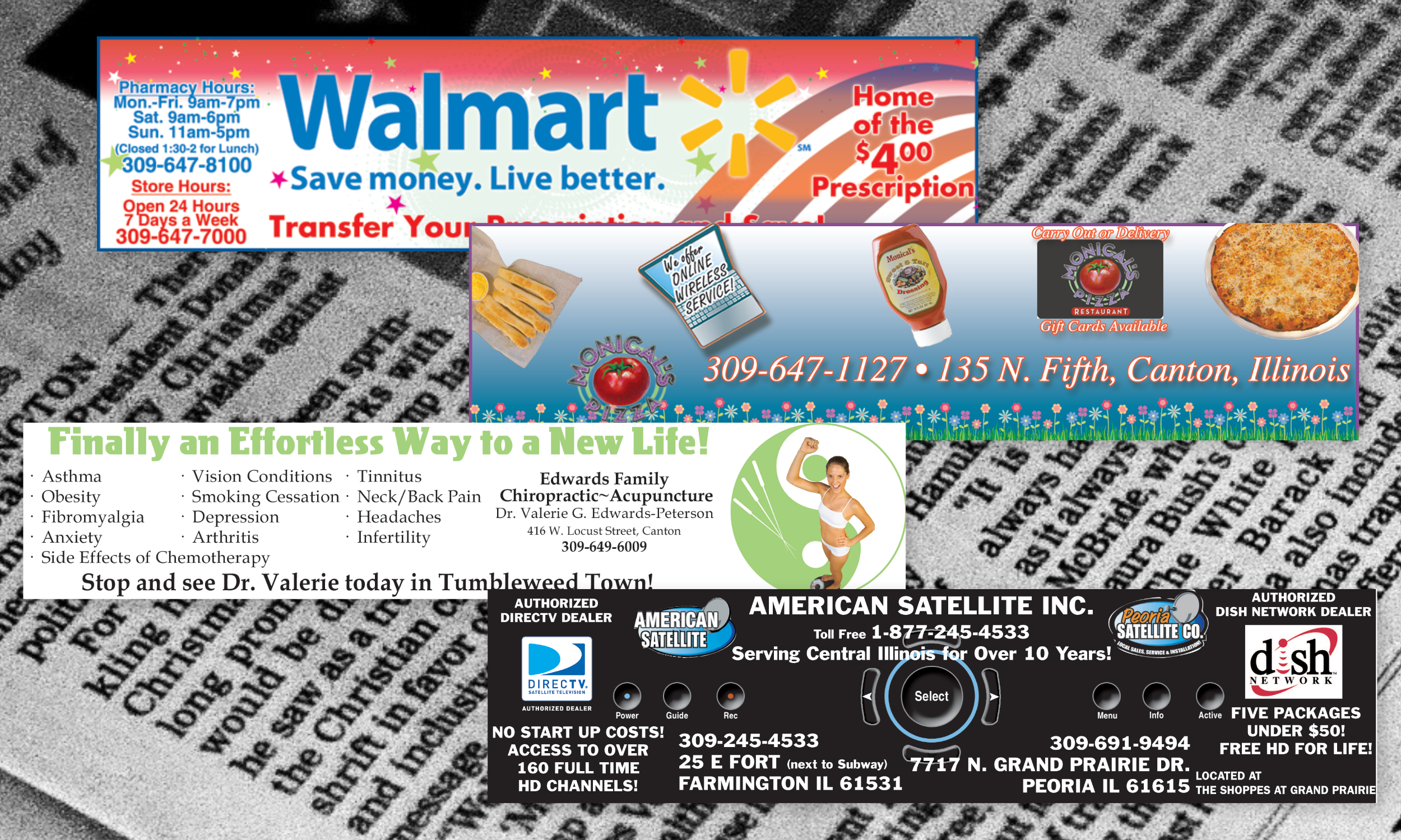 Displayed are several banner advertisements from the Canton Daily Ledger that I created and edited using Adobe Photoshop.
The logo for Edward's Chiropractic was original work created using Adobe Illustrator. The satellite box image is original artwo