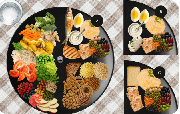 Three plate-based examples from Slovenia’s updated dietary guidelines, showing Mediterranean-style, lacto-ovo vegetarian and whole-food plant-based dietary patterns.