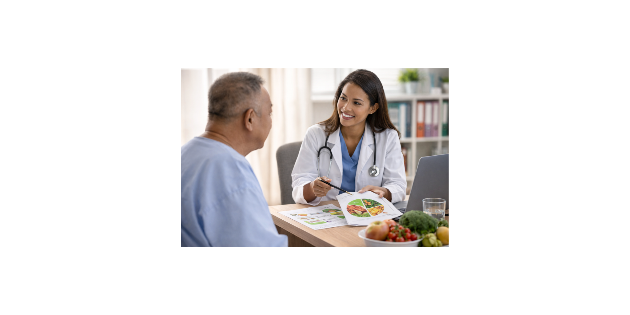 Doctor discussing healthy eating with a patient during a nutrition-focused consultation in a bright clinical setting.