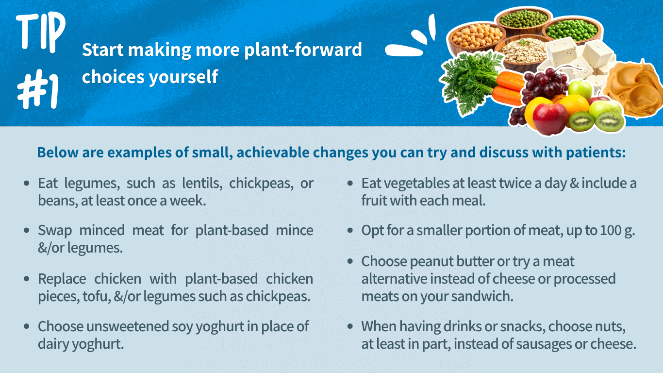 Tip 1 graphic showing practical plant-forward food swaps for patients, including legumes, plant-based alternatives, smaller meat portions, and nuts instead of processed snacks.