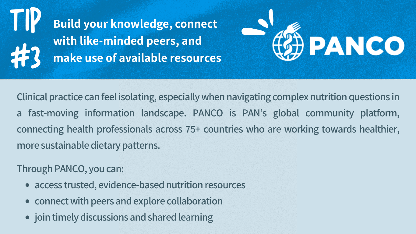 Tip 3 graphic highlighting PANCO as PAN’s global community platform for nutrition resources, peer connection, and shared learning.