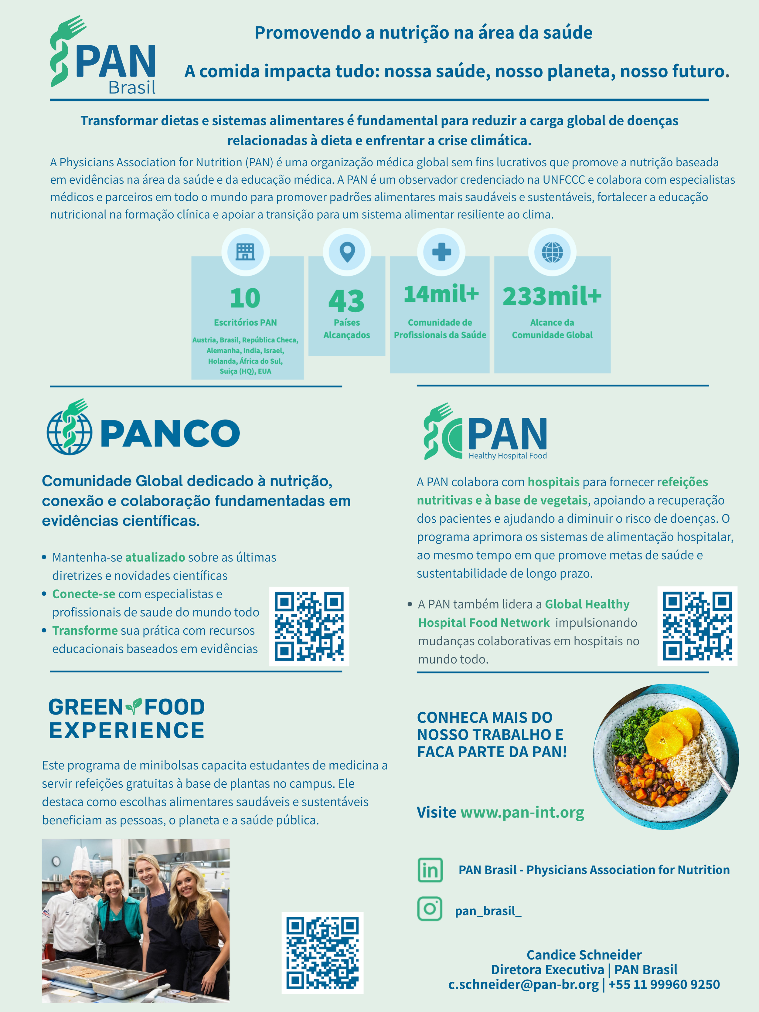 Portuguese-language infographic titled ‘Promovendo a nutrição na área da saúde’ showing an overview of PAN Brazil, with key statistics on offices, countries reached, health professionals in the community, and global reach.