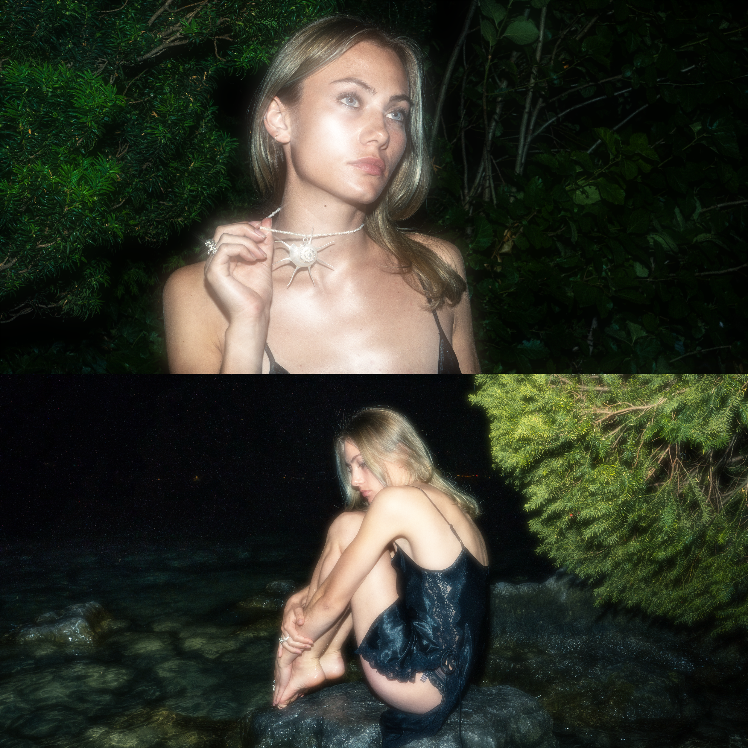 A woman with blonde hair wearing a black slip dress, holding a shell necklace, standing outdoors with dense greenery in the background. In the lower part, she is sitting on a rock near water at night, wearing the same black slip dress, with her arms 