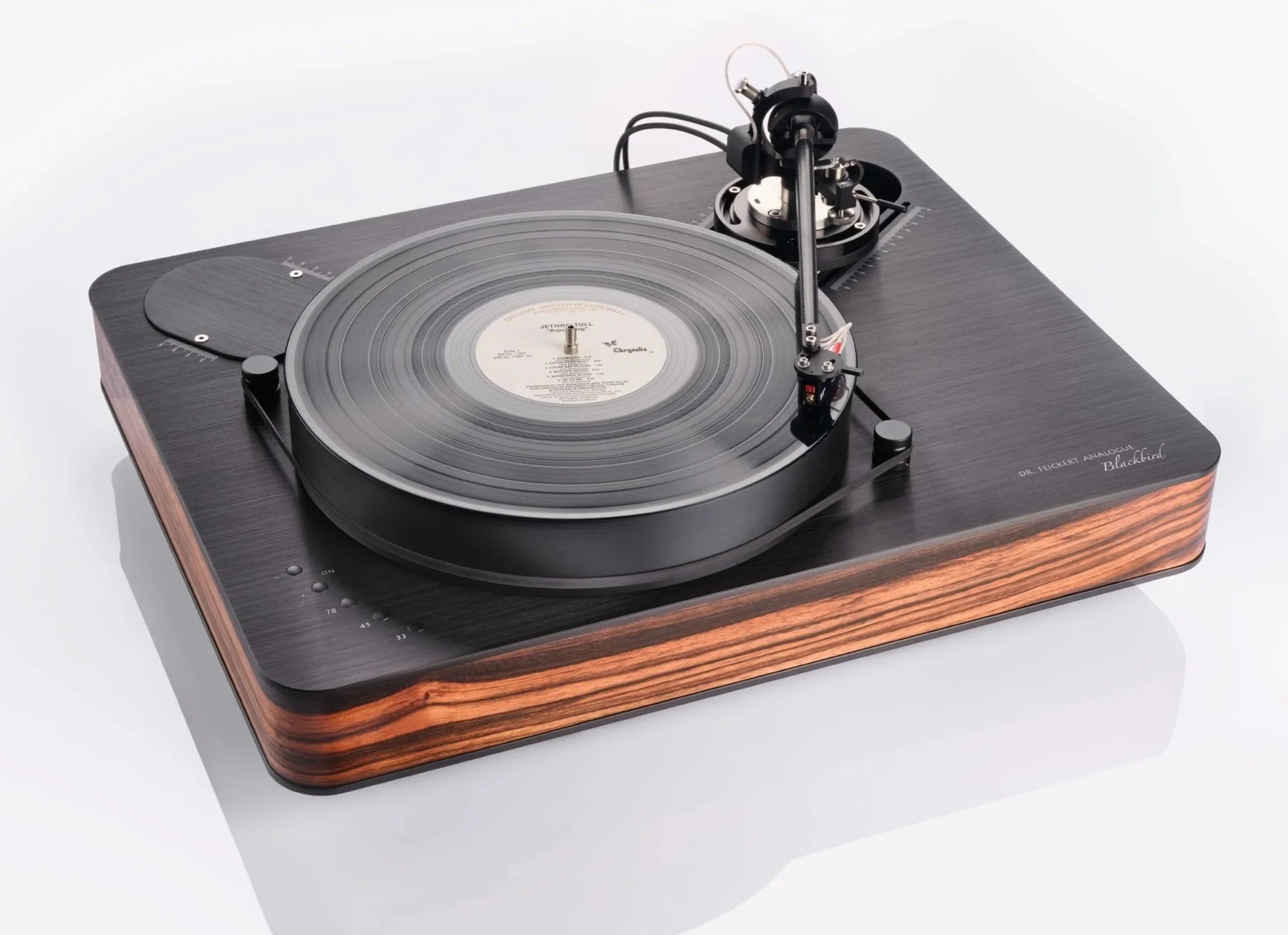 A beautiful record player/turntable made out of wood and other high-quality materials, from Dr. Feickert Analogue of Germany