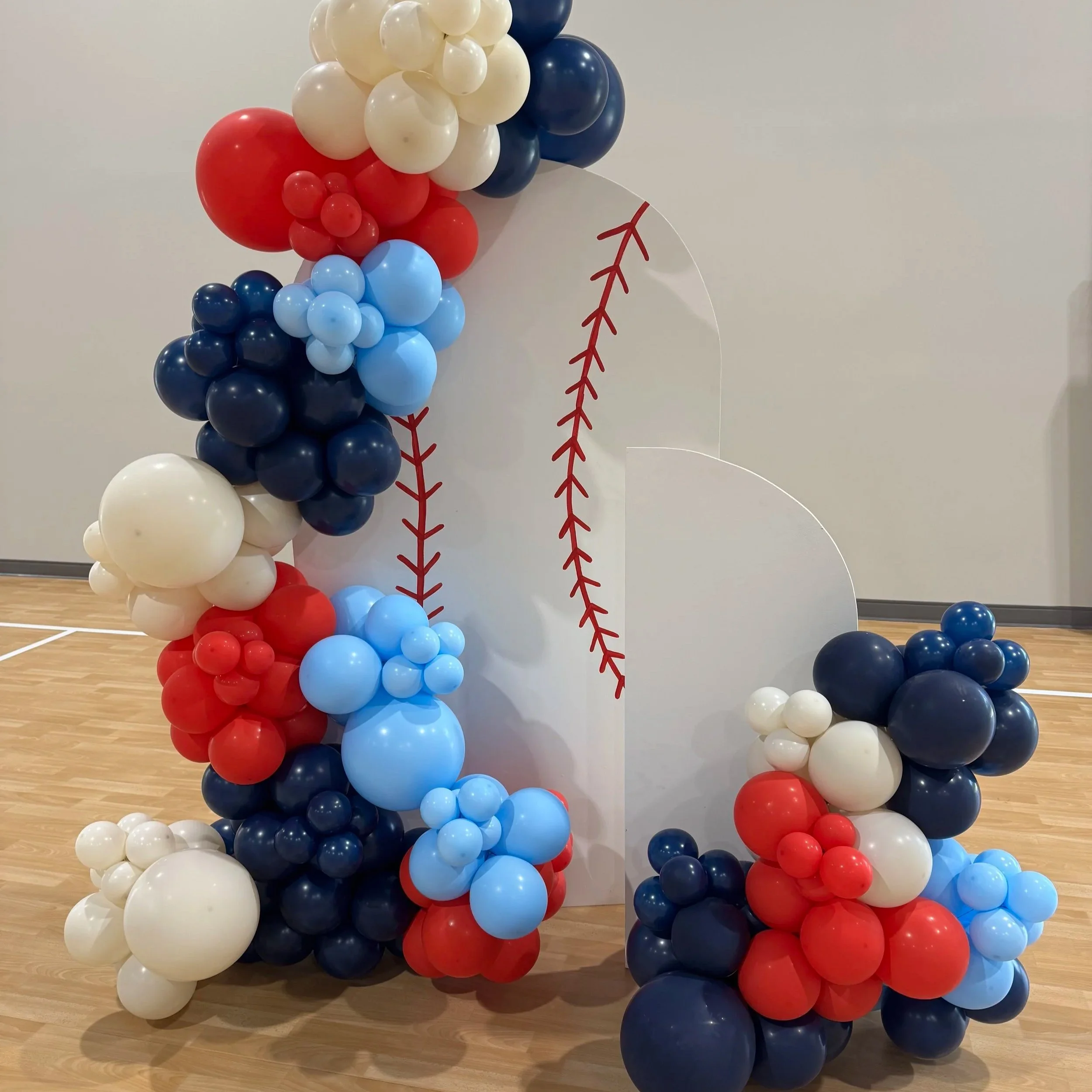 Baseball First Birthday | 18 Cluster Balloon Garland with Wooden Arch Rentals | Louisville, KY