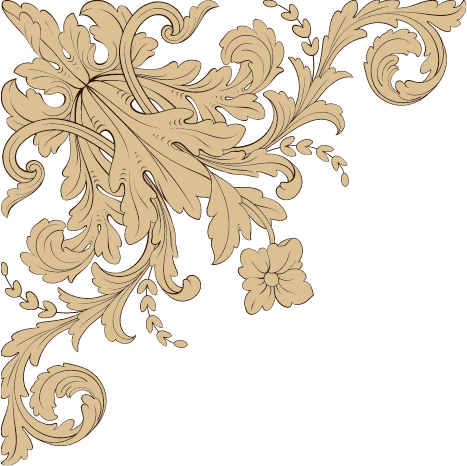 Ornate floral design with leaves and flowers in beige on black background.