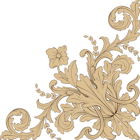 Ornate black and beige floral and scroll design.