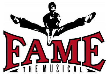 Logo for 'Fame the Musical' featuring a silhouette of a performer doing a split with arms crossed, above a stylized red and black 'FAME' text.