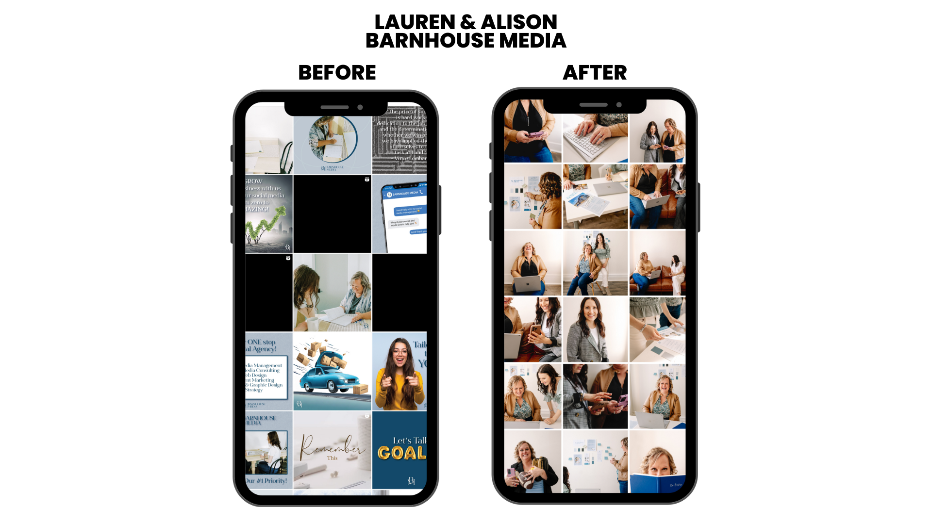 Two smartphones displaying photo grids of women working, talking, using laptops, and engaging in discussions in office settings.