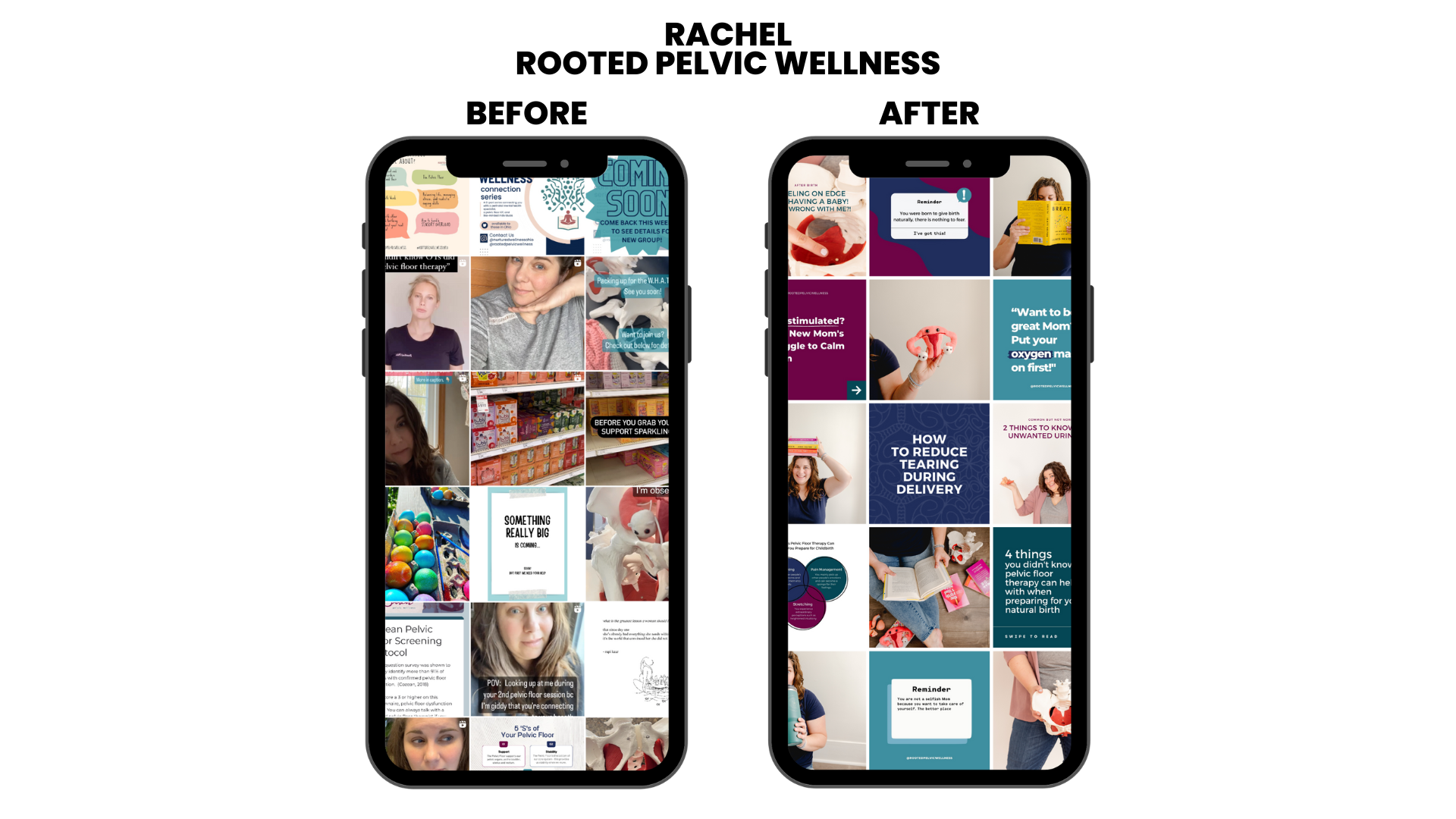 Two smartphones displaying social media feeds with various images and text content, including women, products, and informational posts.