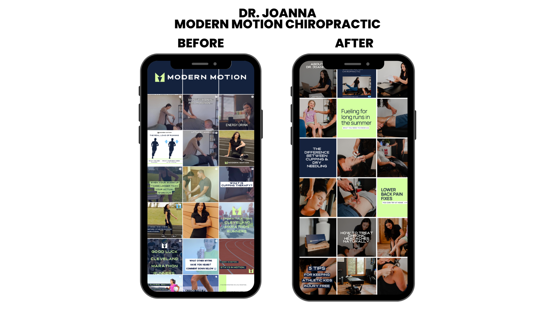 Two smartphones displaying social media feeds with fitness, health, and wellness content, including images of people exercising, getting treatment, and reading health tips.