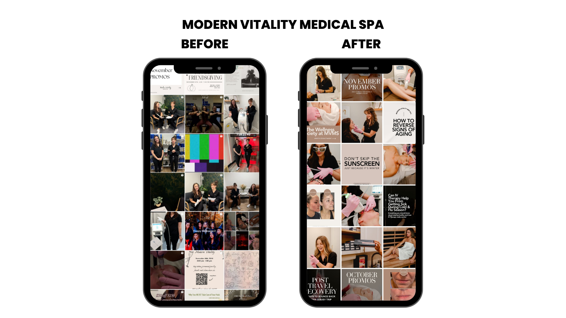 Two smartphones displaying social media feeds with images and text related to November promotions and wellness topics, featuring people, skincare treatments, and event announcements.
