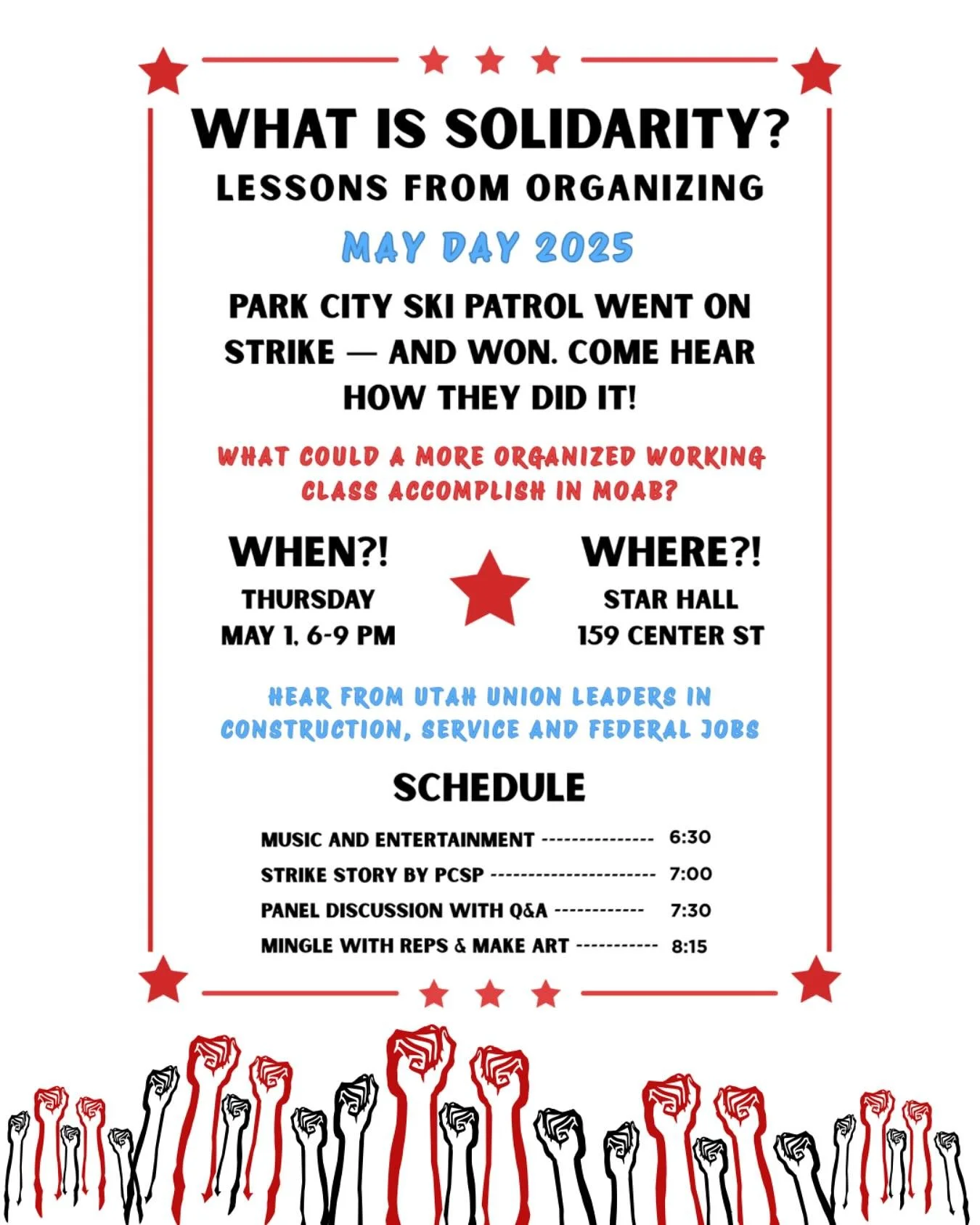 🚨 Attention Moab 🚨 on May 1st there will be a May Day celebration from 6pm-9pm at Star Hall 159 center street. Members of @pcskipatrolunion will be there to talk about the historic ski patrol strike. 

Don&rsquo;t know what May Day is? Simply put, 
