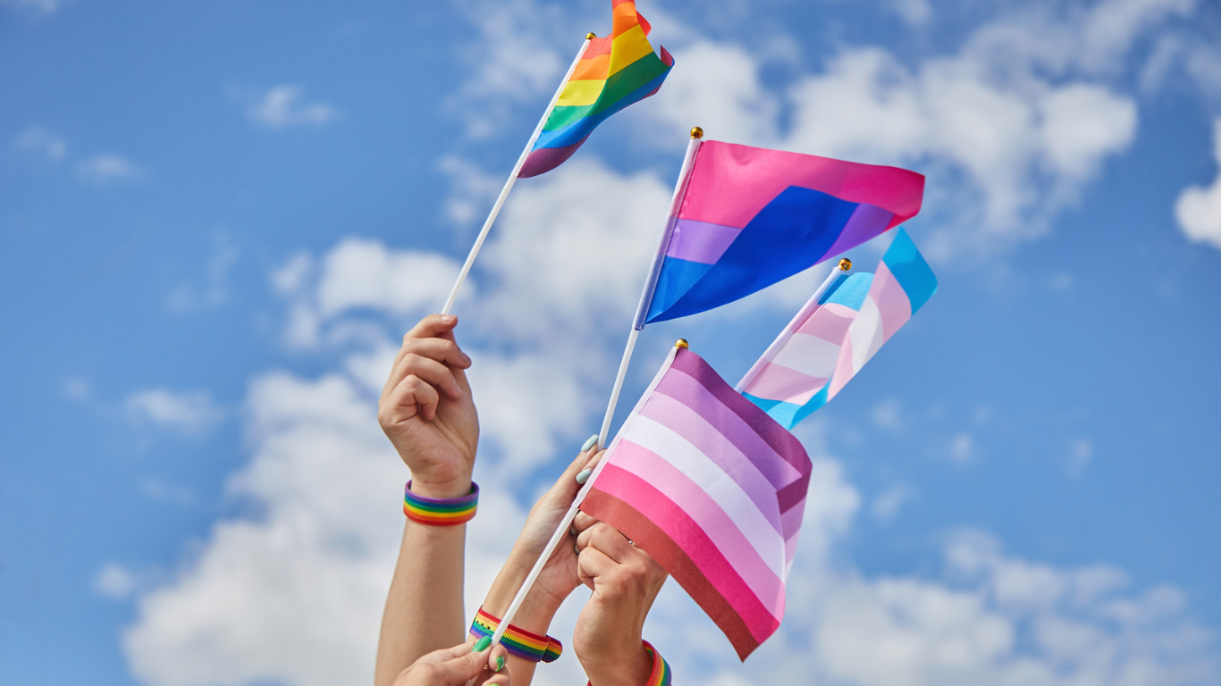 Multiple hands waving pride flags, including rainbow and transgender flags, against a partly cloudy sky.