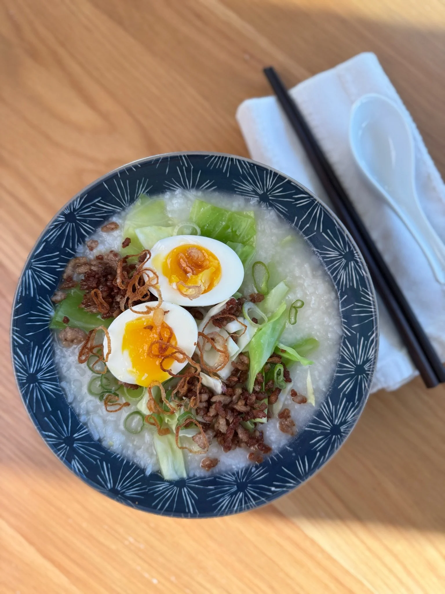 Congee with Pork, Crispy Shallots &amp; 7 Minute Egg