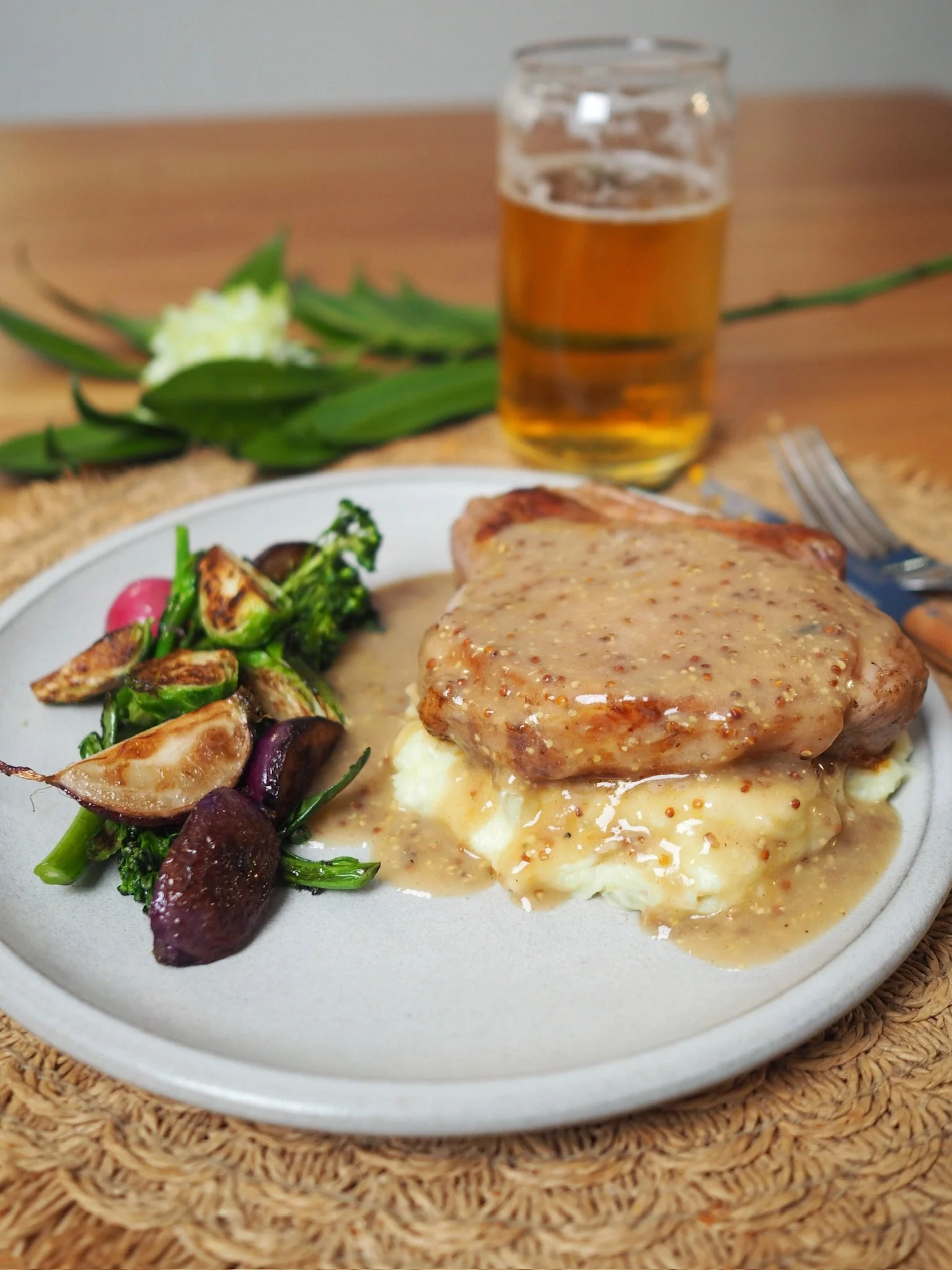 Seared Pork Chop with Roasted Brussel Sprouts &amp; Dijon Pan Sauce