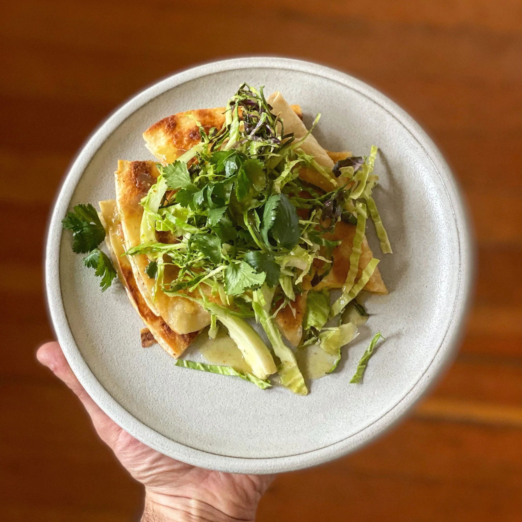 Quesadilla with Salsa Verde, Cabbage Slaw &amp; Avocado