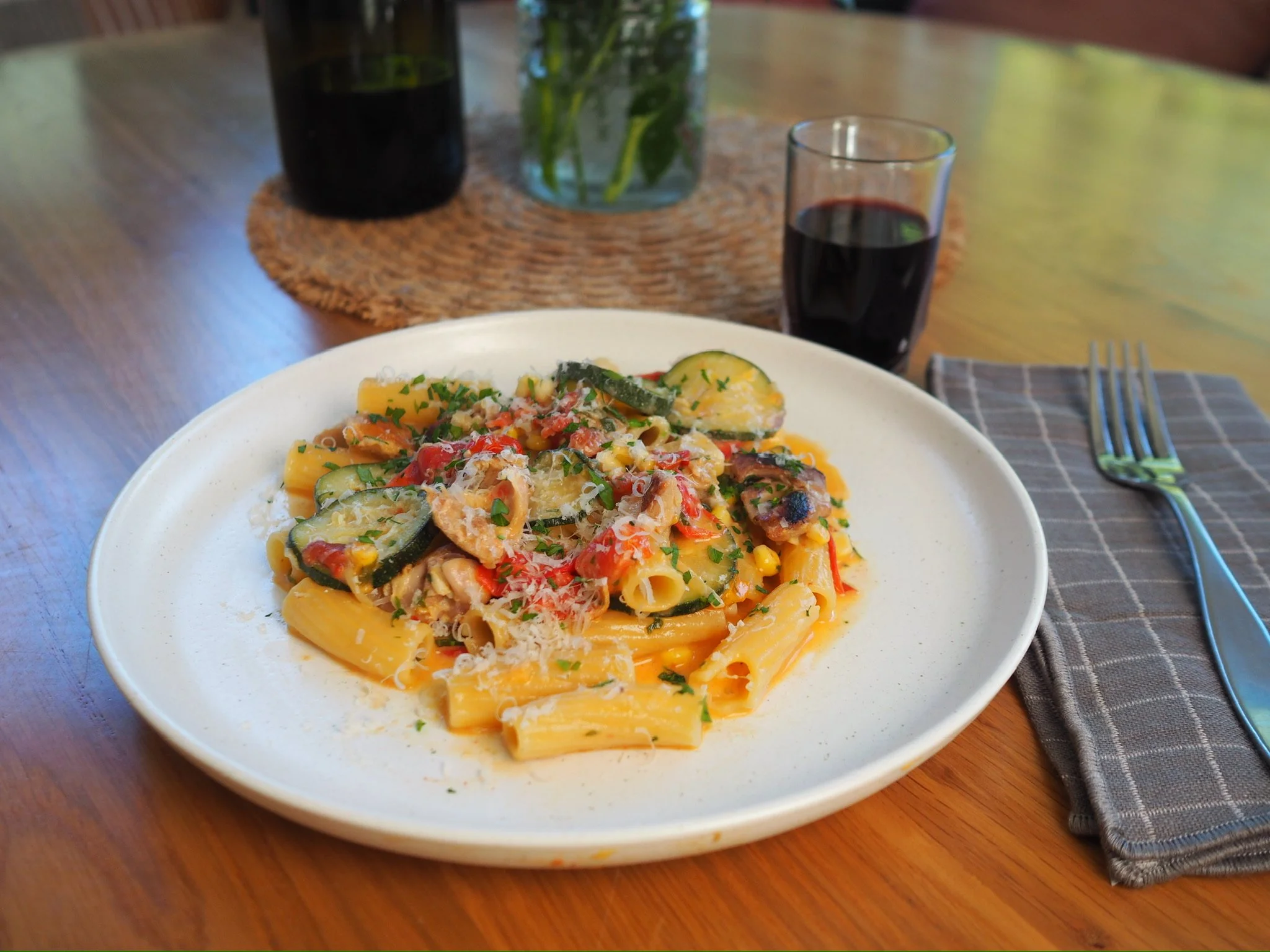 Cherry Tomato Rigatoni with Zucchini and Corn 