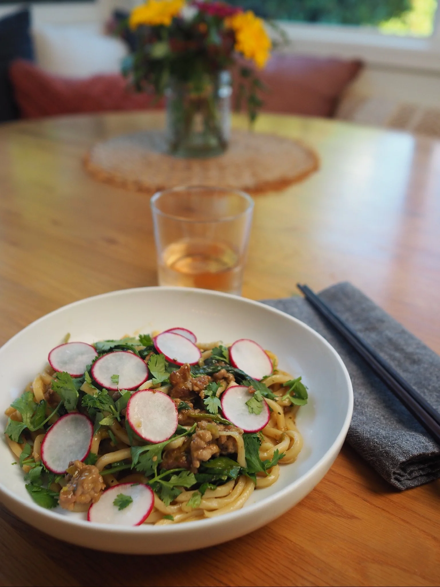Udon with tomatillos, ground chicken, and greens