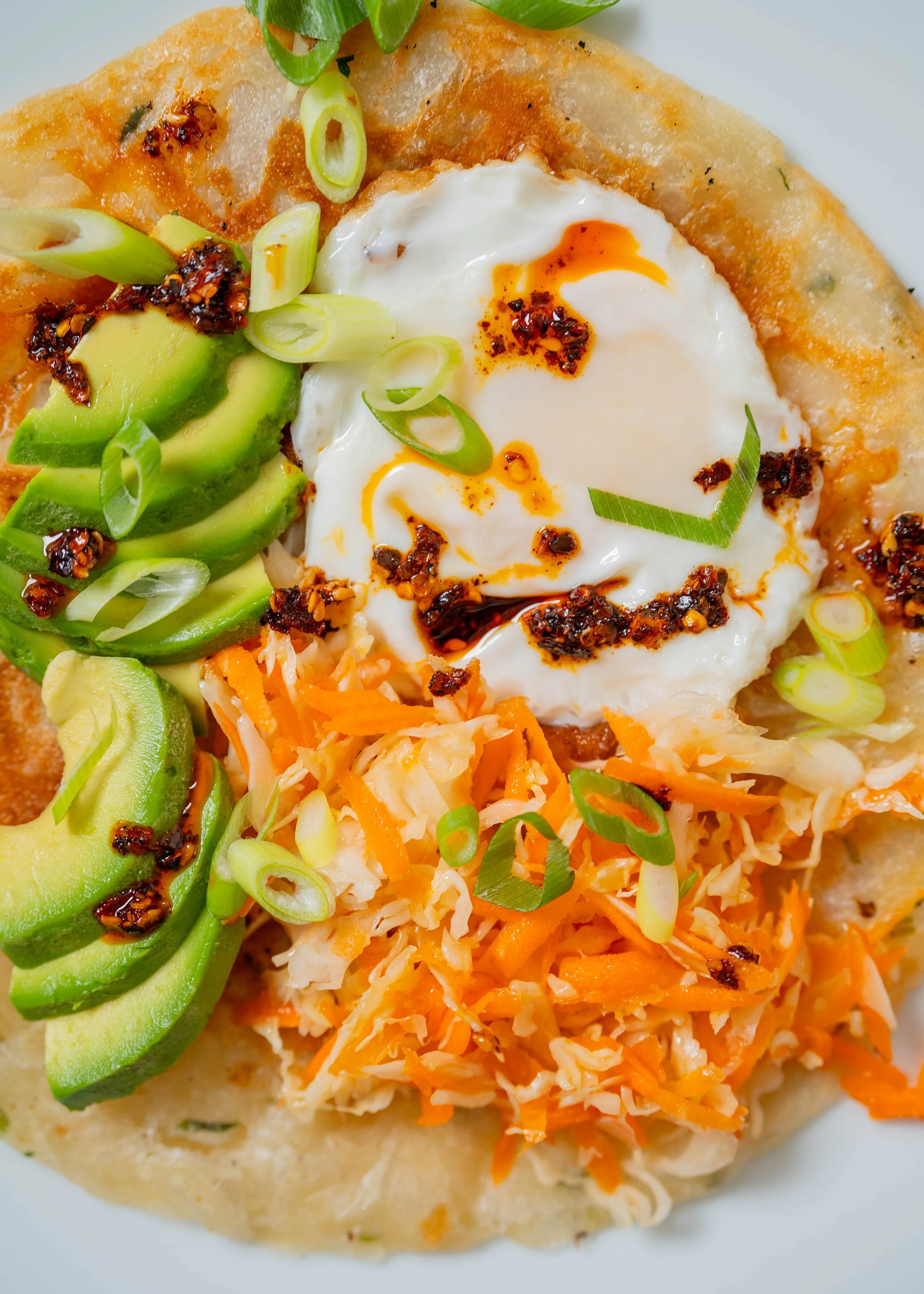 Scallion Pancake with Fried Egg and Carrot Slaw