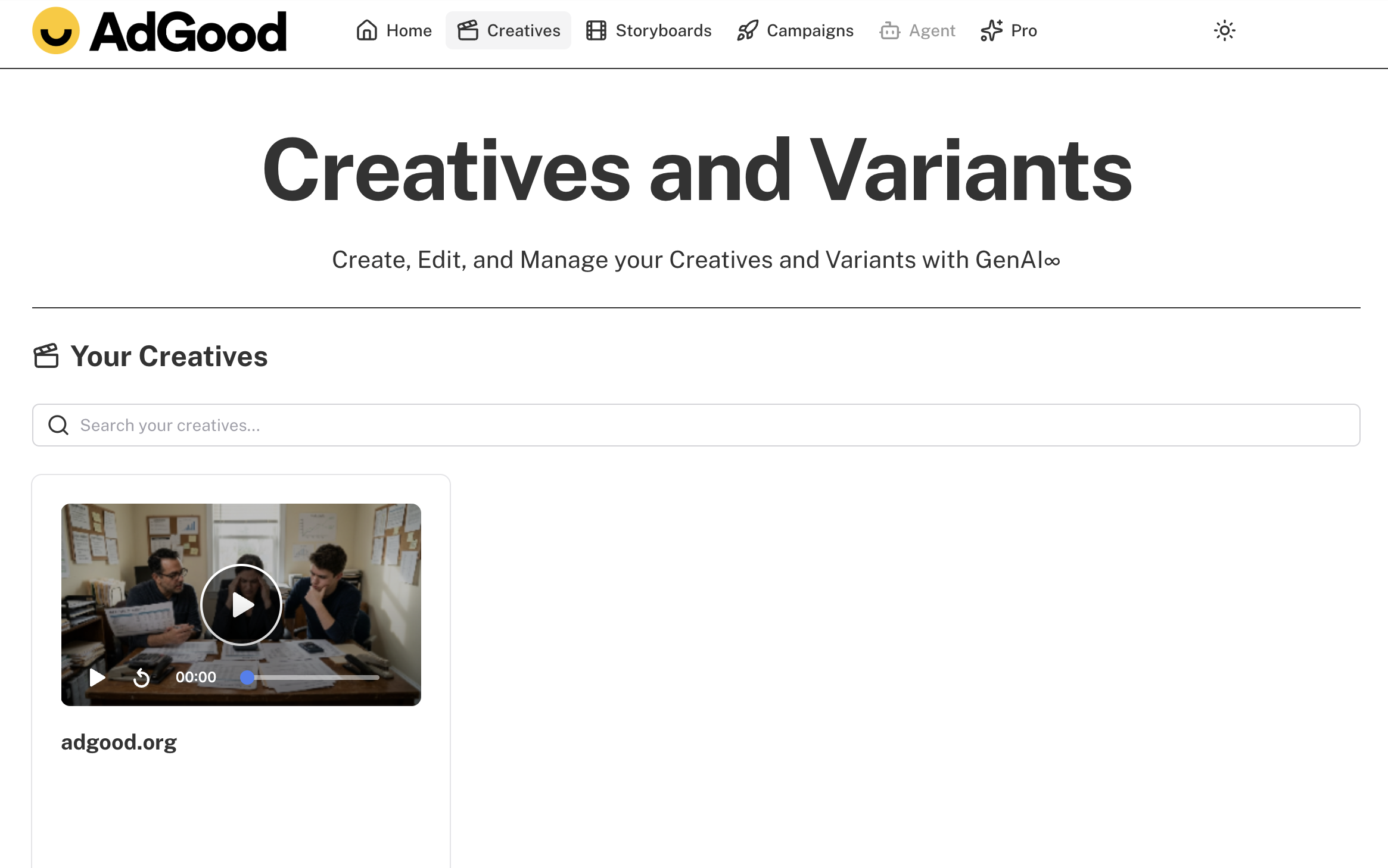 AdGood Ad Manager Creatives dashboard showing a generated CTV video ad with options to edit, create variants, and download