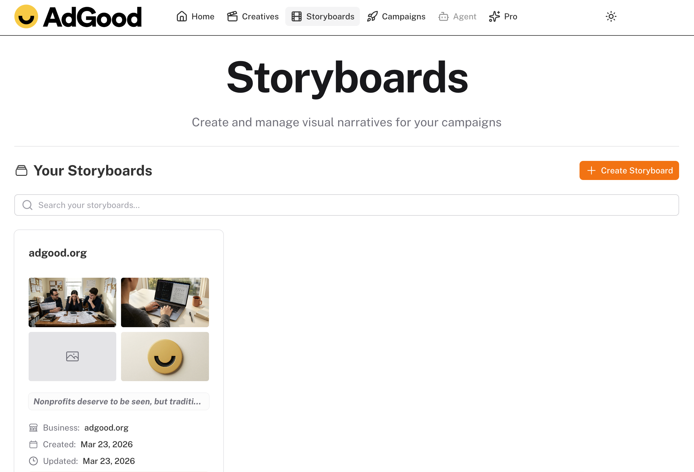AdGood Ad Manager Storyboards page showing an AI-generated scene-by-scene visual narrative for a nonprofit CTV ad