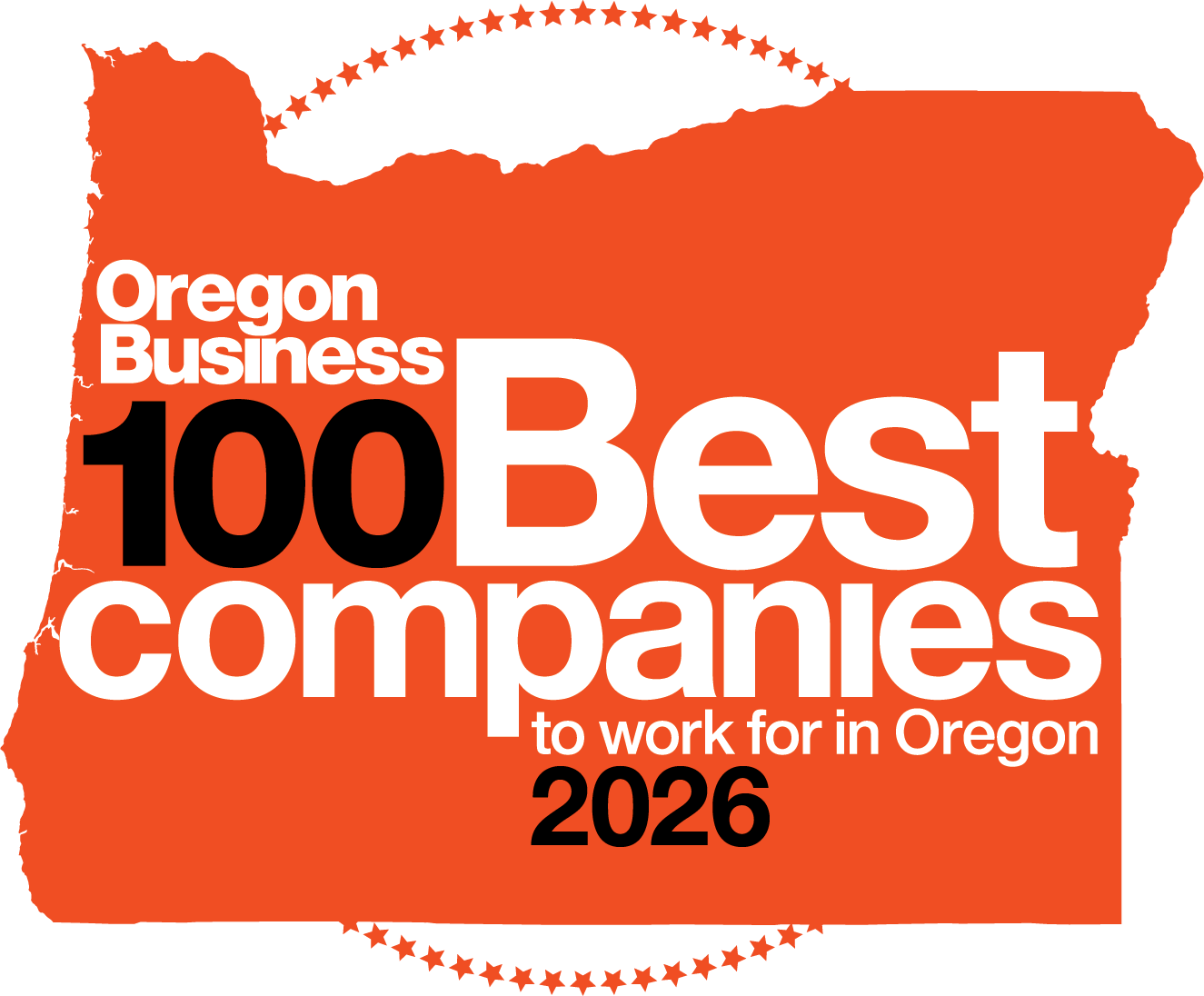 A graphic design featuring the shape of Oregon with text inside, announcing the top 100 best companies to work for in Oregon in 2023, with a radiant orange and yellow background.