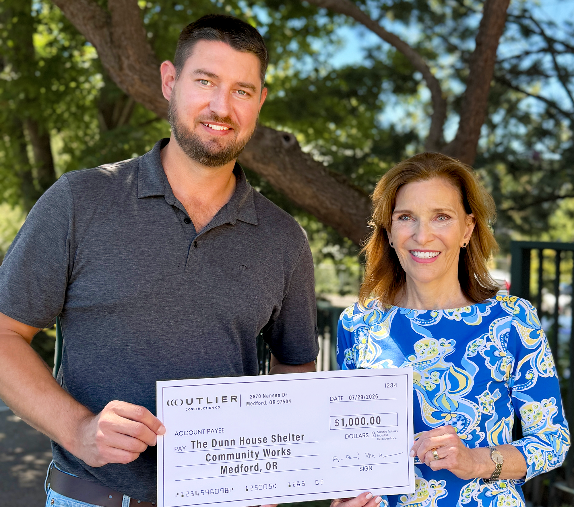 Outlier Construction Reaches 1,000 Followers and Donates $1,000 to Dunn House Shelter in Medford, Oregon