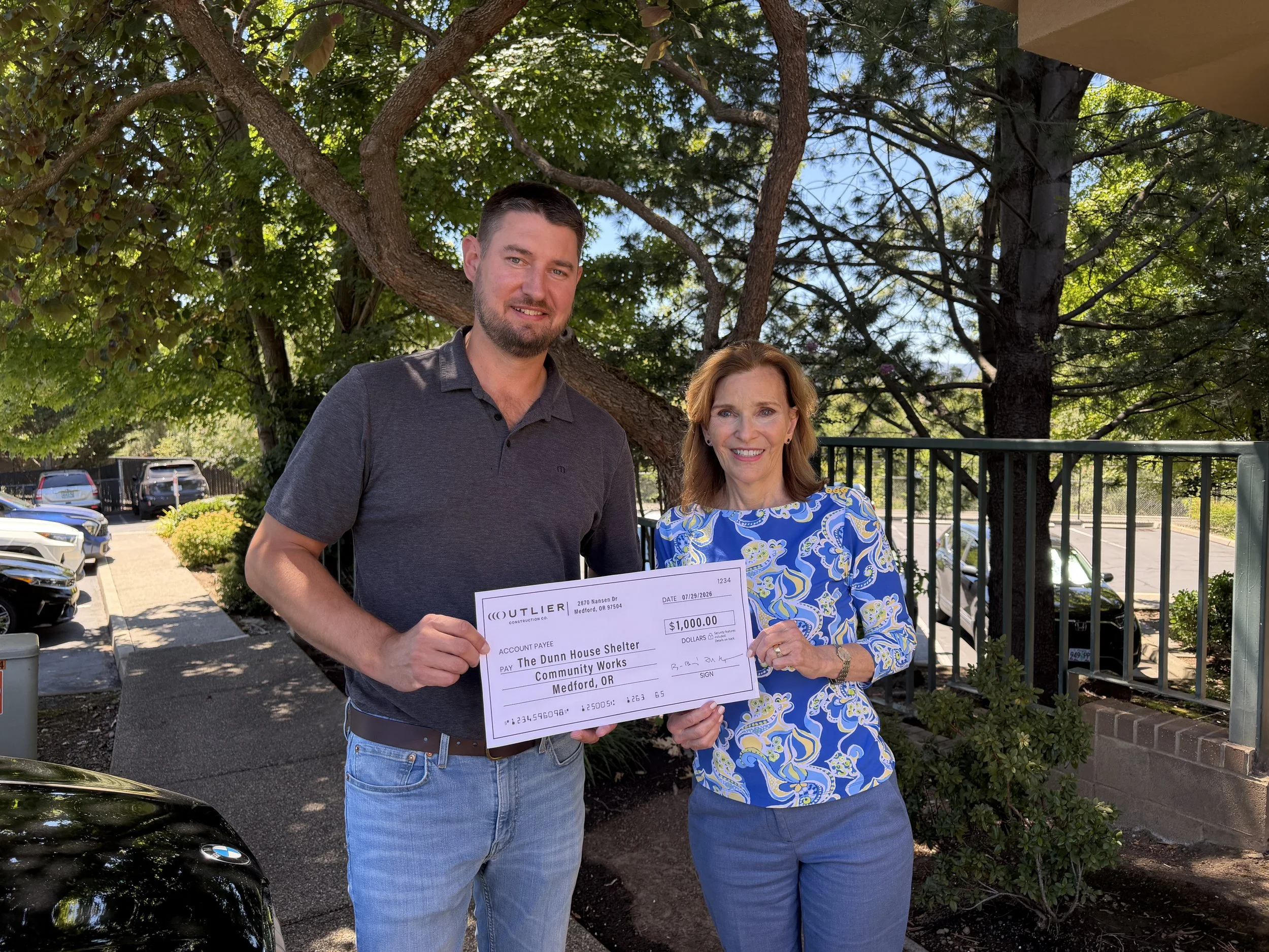 Outlier Construction reached the 1,000 follower milestone, and to celebrate, donated $1,000 to Community Works in support of Dunn House Shelter which is helping provide safety, shelter, advocacy, and hope for adults and children in our Southern Orego