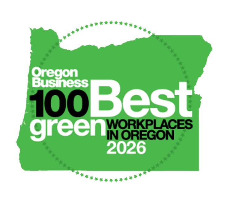 A green graphic with leaves in the background, featuring a white and black text overlay that reads "Oregon Business 100 Best Green Workplaces in Oregon 2025."