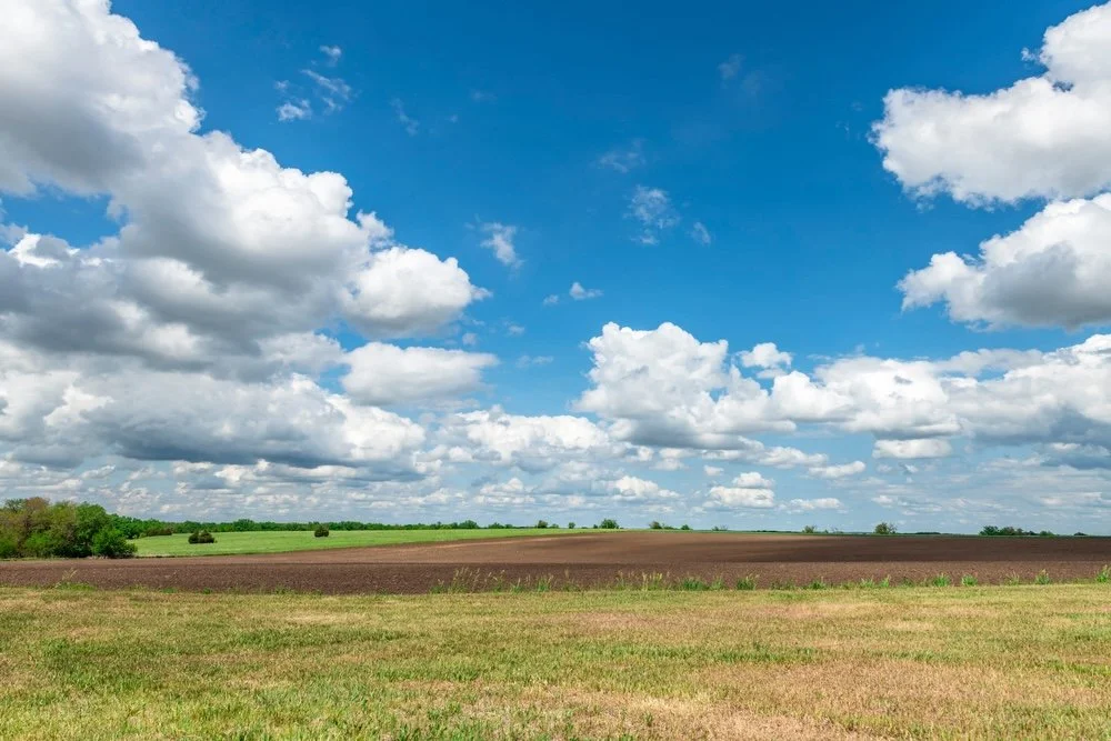 Open farmland under a partly cloudy blue sky, with green grass and brown tilled soil in the distance.