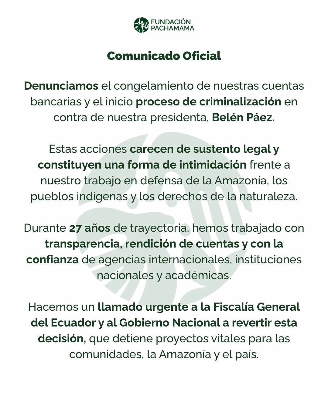 🚨 Comunicado Oficial 🚨

Denunciamos el congelamiento de nuestras cuentas bancarias y la criminalizaci&oacute;n de nuestra presidenta, Bel&eacute;n P&aacute;ez, a trav&eacute;s de una investigaci&oacute;n sin sustento legal.

▶️ Desliza para leer el