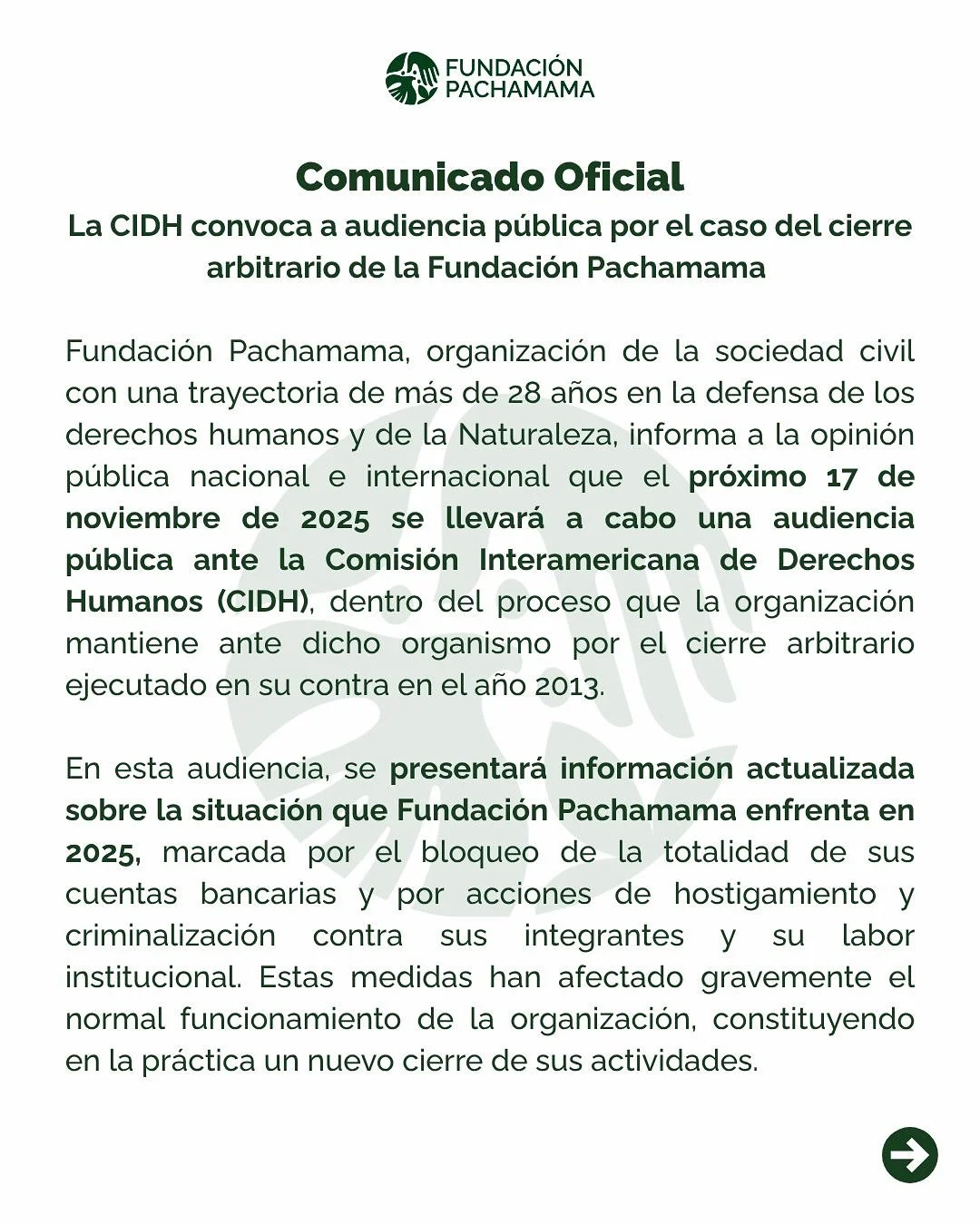 🚨 Comunicado Oficial 🚨

📢 Fundaci&oacute;n Pachamama participar&aacute; en una audiencia p&uacute;blica ante la Comisi&oacute;n IDH (@cidh_iachr) el pr&oacute;ximo 17 de noviembre de 2025, en el marco del proceso que mantenemos desde 2013 por el c
