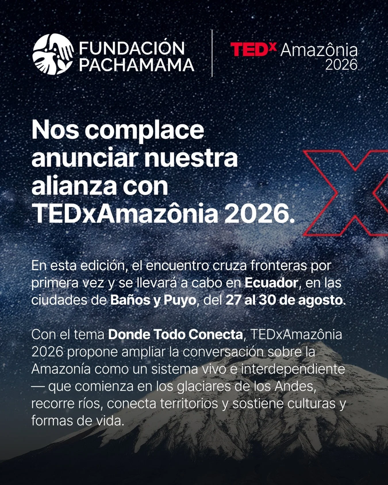 &iexcl;Nos sumamos a #TEDxAmazon&iacute;a2026 como Socios de Conocimiento!

Este a&ntilde;o, el encuentro cruza fronteras y llega a Ecuador: Ba&ntilde;os y Puyo, del 27 al 30 de agosto.
Bajo el tema Donde Todo Conecta, reunir&aacute; voces de toda la