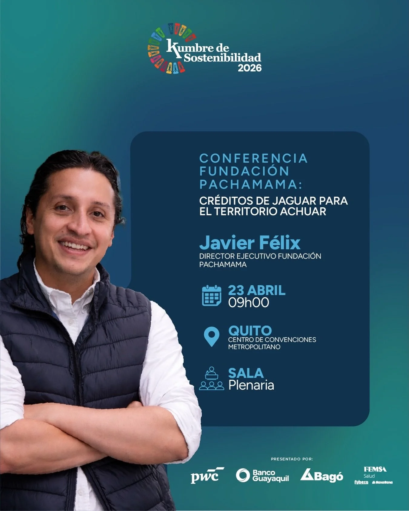 Este 23 de abril a las 09h00, nuestro director ejecutivo, Javier F&eacute;lix, estar&aacute; en EKOS Cumbre de Sostenibilidad 2026 en Quito, compartiendo la experiencia de los Cr&eacute;ditos del Jaguar para el territorio Achuar.

Una iniciativa que 