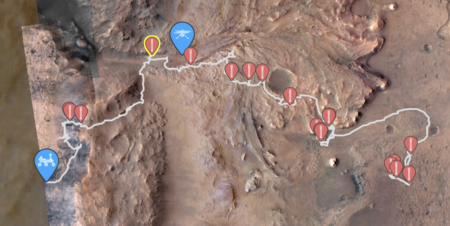  A map of Perseverance's route in Jezero Crater, with the site where the sample was found highlighted in yellow 
