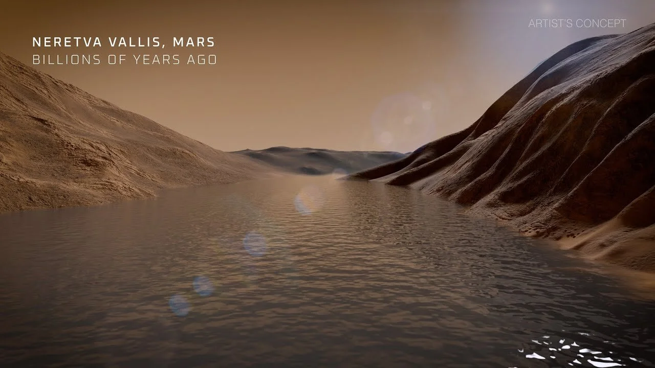  An artist’s rendition of what Nereta Vallis, the location where the sample was found, looked like when water was still on Mars 