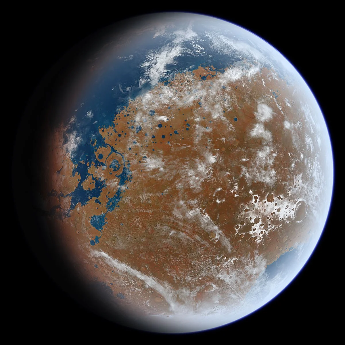  An artist's rendition of what Mars looked like billions of years ago, based on geological data 