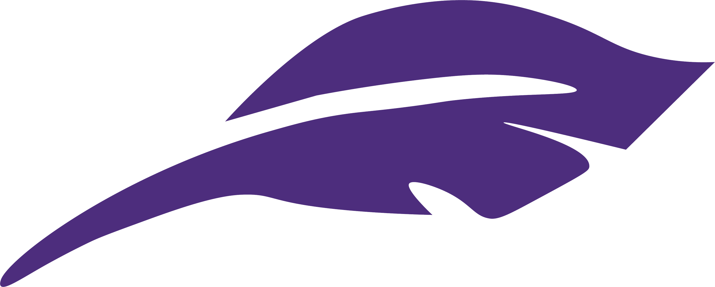 Purple stylized feather logo on a black background